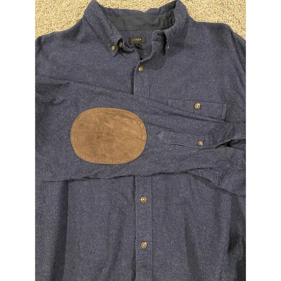 J Crew Flannel Shirt Mens Large Wool Blend Leather Elbow Patch Button Down Blue - Picture 2 of 11